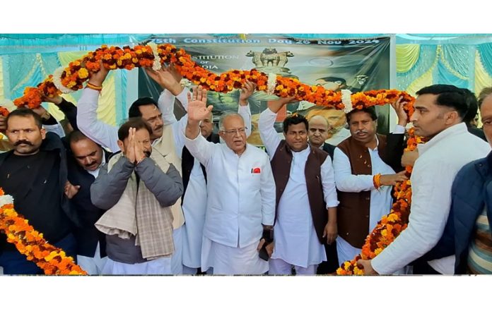 JKPCC president, Tariq Hameed Karra and other senior Cong leaders during public rally in Rajouri on Tuesday.