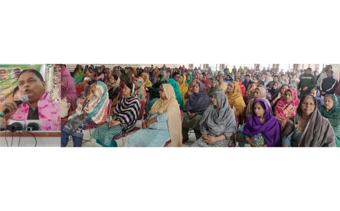 BJP UT president, Sat Sharma addressing a meeting of farmers at border village Salehar in Bishnah on Saturday.