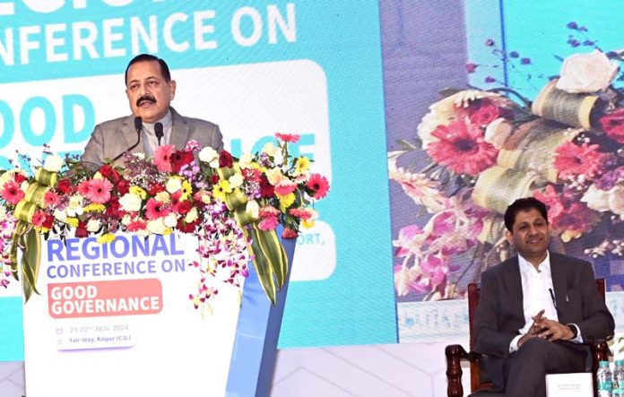 Union Minister Dr. Jitendra Singh, as chief guest, addressing the Conference on Good Governance, organised by the Department of Administrative Reforms & Grievance Redressal (DARPG) Govt of India and the Govt of Chhattisgarh, at Raipur on Friday. Union Minister Dr. Jitendra Singh, as chief guest, addressing the Conference on Good Governance, organised by the Department of Administrative Reforms & Grievance Redressal (DARPG) Govt of India and the Govt of Chhattisgarh, at Raipur on Friday.