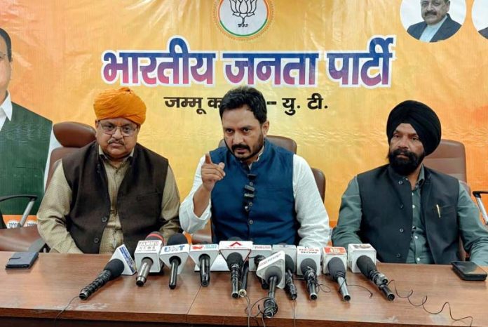 BJP leaders at a press conference in Jammu on Friday. -Excelsior/Rakesh