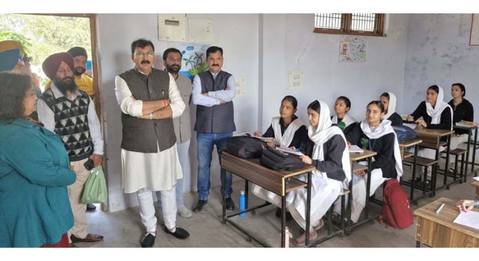 MLA Jammu West , Arvind Gupta during visit to Girls High School Gole Gujral on Wednesday.