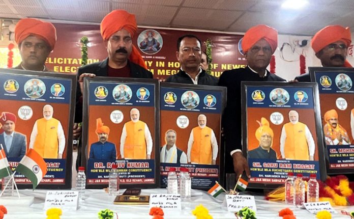 Newly elected MLAs from the Megh community during a felicitation programme in Jammu on Sunday.