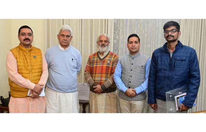 Dignitaries from Sanskrit Bharati Jammu and Kashmir interacting with LG Manoj Sinha in Jammu on Saturday.