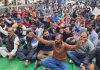 Civic Safai Karamcharis of JMC raising slogans during a protest demonstration in Jammu on Tuesday. — Excelsior/Rakesh