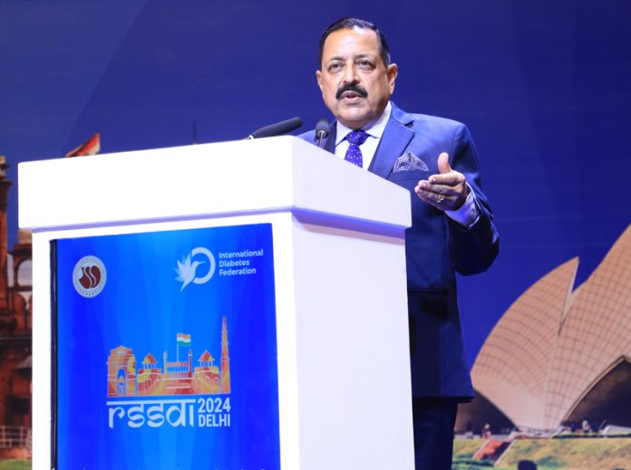 Union Minister Dr Jitendra Singh speaking after inaugurating the International 52nd Annual Conference of the Research Society for the Study of Diabetes in India (RSSDI) at Yashobhoomi, Dwarka, New Delhi on Friday. Union Minister Dr Jitendra Singh speaking after inaugurating the International 52nd Annual Conference of the Research Society for the Study of Diabetes in India (RSSDI) at Yashobhoomi, Dwarka, New Delhi on Friday.