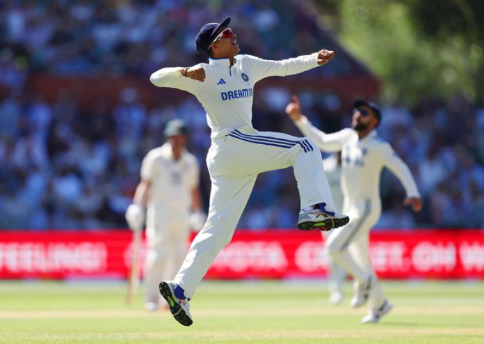 Indian players celebrating after the dismissal of Australia's batsman Marnus Labuschagne during the second cricket test match at the Adelaide Oval, Australia on Saturday. (UNI)