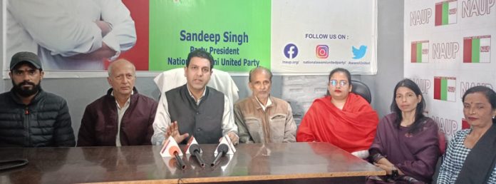 NAUP president, Sandeep Singh and other party leaders during a press conference at Jammu. NAUP president, Sandeep Singh and other party leaders during a press conference at Jammu.