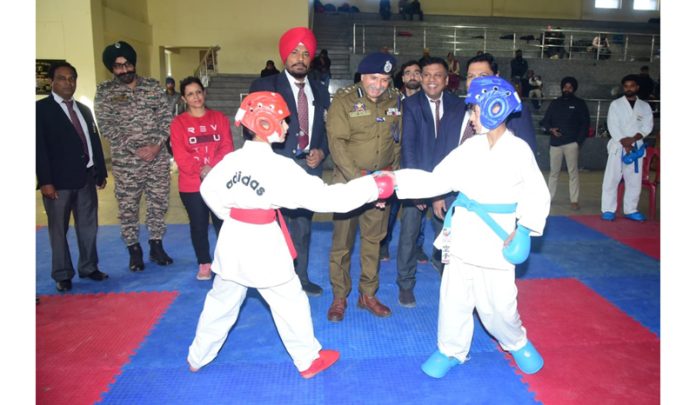 DIG Jammu Shiv Kumar Sharma and others during opening ceremony of 1st North India Karate Championship at Jammu on Friday. DIG Jammu Shiv Kumar Sharma and others during opening ceremony of 1st North India Karate Championship at Jammu on Friday.