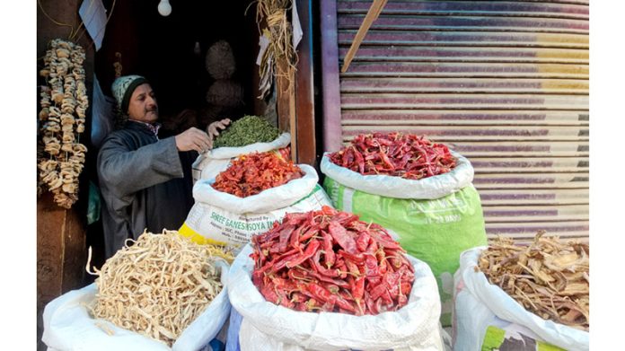 A shopkeeper displays dried vegetables in the Zainakadal area of Srinagar. -Excelsior/Shakeel
