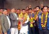 BJP leaders including MP Jugal Kishore Sharma taking new entrants into party fold at Marh on Sunday.