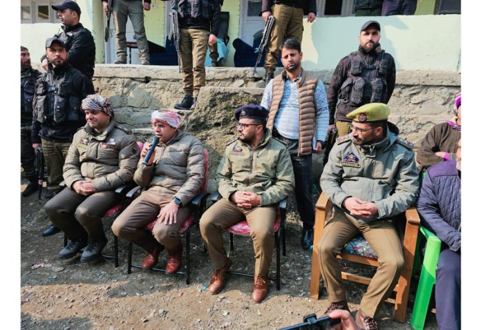 SSP Kulgam along with other officers during a public meeting in Hallan village on Monday.