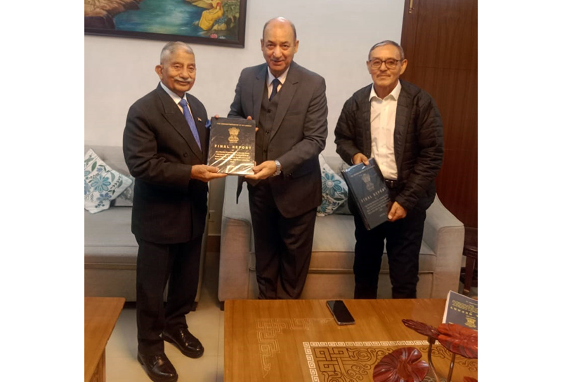 Reservation Commission chairman Justice (Retd) Bansi Lal Bhat submitting report to LG Ladakh Brig (Retd) B D Mishra in New Delhi.