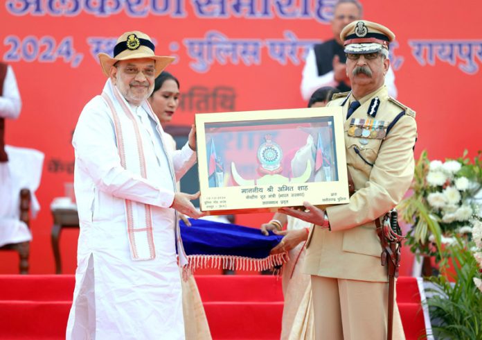 Union Home Minister Amit Shah at the presentation of President’s Colour to the Chhattisgarh Police in Raipur on Sunday. (UNI)