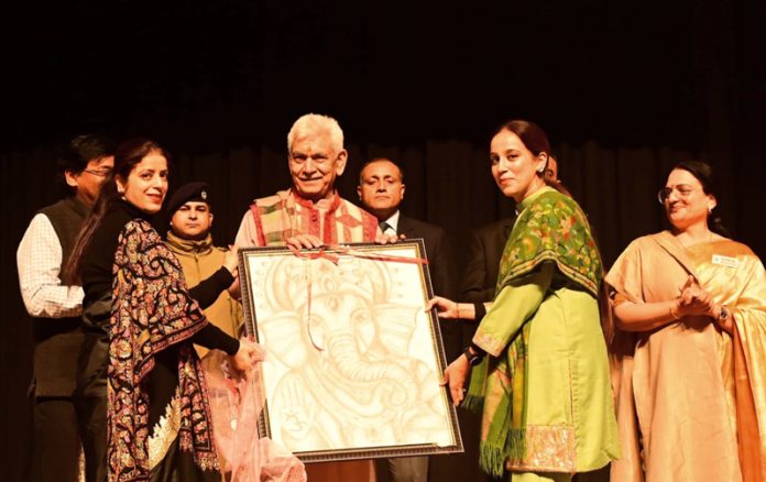 LG Manoj Sinha at a function of Jammu Sanskriti School on Sunday.