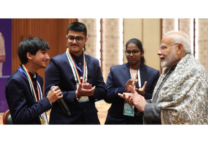 Prime Minister Narendra Modi interacting with PMRBP awardees, including those from J&K, at the ‘Veer Baal Diwas’ programme at Bharat Mandapam in New Delhi on Thursday. (UNI) Prime Minister Narendra Modi interacting with PMRBP awardees, including those from J&K, at the ‘Veer Baal Diwas’ programme at Bharat Mandapam in New Delhi on Thursday. (UNI)