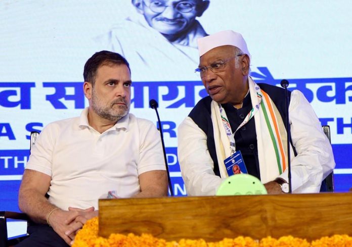 Congress president Mallikarjun Kharge and Leader of Opposition Rahul Gandhi at the extended meeting of CWC ‘Nav Satyagraha’, in Belagavi on Thursday. (UNI) Congress president Mallikarjun Kharge and Leader of Opposition Rahul Gandhi at the extended meeting of CWC ‘Nav Satyagraha’, in Belagavi on Thursday. (UNI)