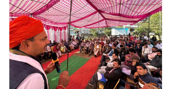 R S Pathania addressing gathering at the inauguration of road projects in Udhampur on Wednesday.