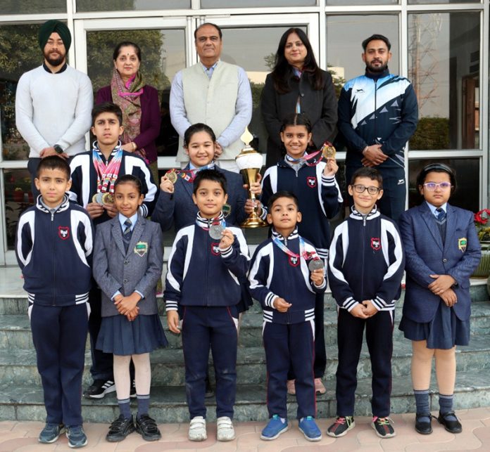 Top performers of 62nd National Roller Skating Championship posing along with school management. Top performers of 62nd National Roller Skating Championship posing along with school management.