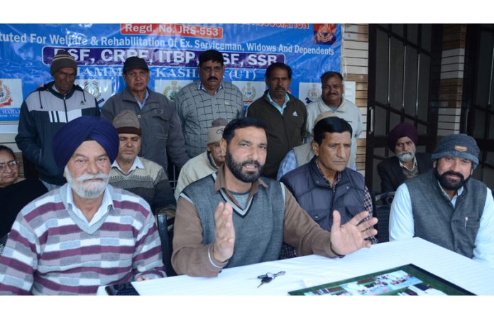 Members of Ex-Central Paramilitary Forces Welfare Association addressing a press conference at Jammu on Monday.