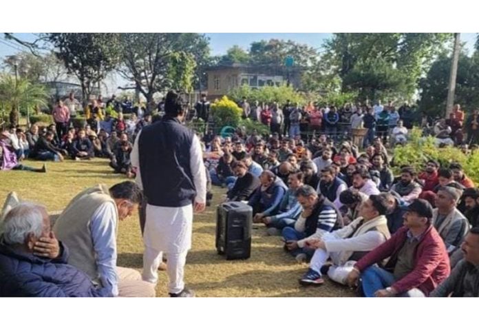 Members of Shri Mata Vaishno Devi Sangharsh Samiti meeting at Katra on Sunday.