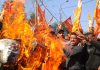 Rashtriya Bajrang Dal activists staging a protest demonstration in Jammu on Wednesday. —Excelsior/Rakesh
