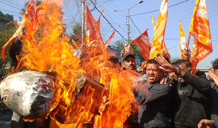 Rashtriya Bajrang Dal activists staging a protest demonstration in Jammu on Wednesday. —Excelsior/Rakesh