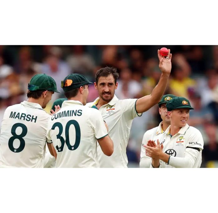Australia’s Mitchell Starc celebrating with team-mates after devastating spell of 6/48 against India at Adelaide. Australia’s Mitchell Starc celebrating with team-mates after devastating spell of 6/48 against India at Adelaide.
