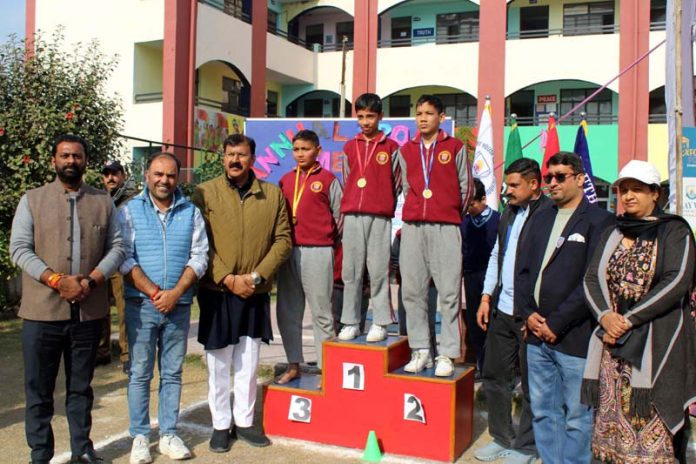 Arvind Gupta, MLA Jammu West posing along with medallists during Annual Sports meet of PWHS Higher Secondary School, Pouni Chak. Arvind Gupta, MLA Jammu West posing along with medallists during Annual Sports meet of PWHS Higher Secondary School, Pouni Chak.