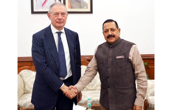 Senior Italian Minister with multiple portfolios, Adolfo Urso, currently on India visit, calling on Union Minister Dr Jitendra Singh at North Block, New Delhi on Monday. Senior Italian Minister with multiple portfolios, Adolfo Urso, currently on India visit, calling on Union Minister Dr Jitendra Singh at North Block, New Delhi on Monday.