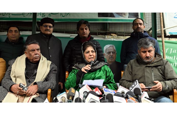 PDP president Mehbooba Mufti during a press conference in Srinagar on Wednesday. - Excelsior/Shakeel