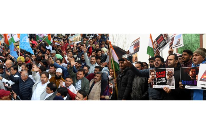 Congress workers protesting in Jammu and Srinagar on Wednesday. - Excelsior/ Rakesh/Shakeel