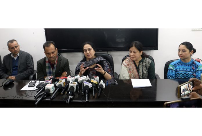 Prof Prakash C Antahal and Prof Meena Sharma addressing media persons at University of Jammu on Monday. — Excelsior Rakesh Prof Prakash C Antahal and Prof Meena Sharma addressing media persons at University of Jammu on Monday. — Excelsior Rakesh