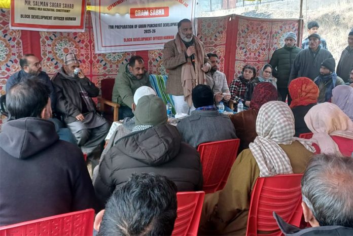 MLA Salman Sagar addressing Gram Sabha at Saidpora.