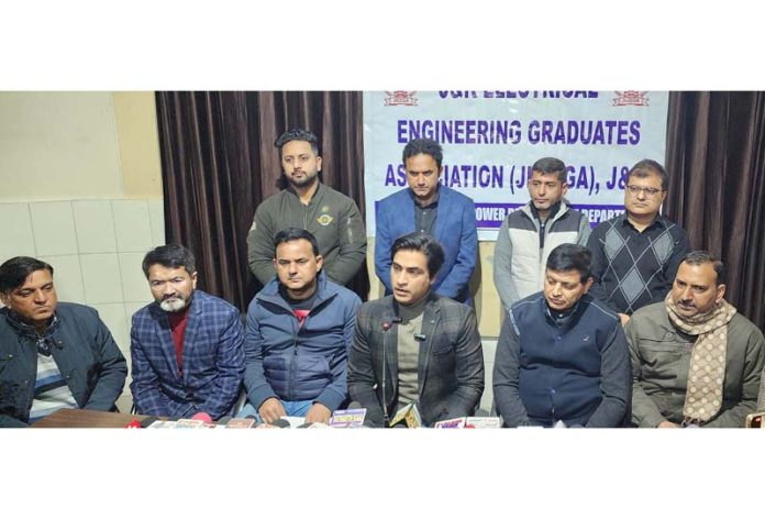 JKEEGA office bearers addressing press conference in Jammu on Thursday. -Excelsior/Rakesh JKEEGA office bearers addressing press conference in Jammu on Thursday. -Excelsior/Rakesh