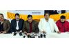 JKPCC working president Raman Bhalla, chief spokesperson Ravinder Sharma & others addressing press conference in Jammu. -Excelsior/Rakesh