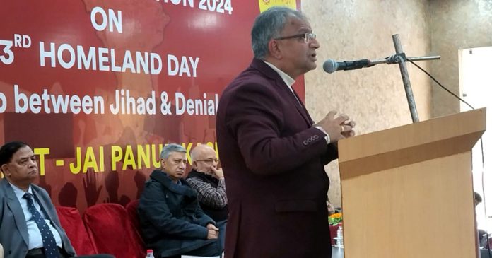 PK chairman Dr Ajay Chrungoo addressing a convention at Jammu on Saturday. — Excelsior /Rakesh