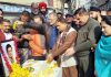 Jammu and Kashmir BJP president, Sat Sharma with BJP leaders paying tribute to former MLA Rajesh Gupta on his Birth Anniversary in Jammu on Sunday.