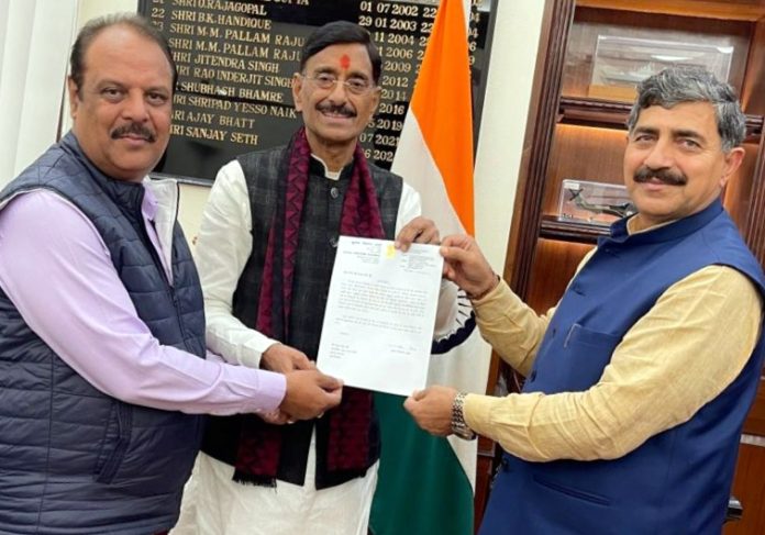 MP Jugal Kishore Sharma along with former MLA, Akhnoor, Rajiv Sharma during a meeting with MoS Defence , Sanjay Seth in New Delhi on Tuesday.