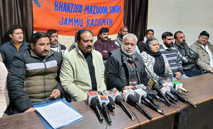 North India Organizing Secy, BMS, Pawan Kumar addressing a press conference in Jammu on Monday. North India Organizing Secy, BMS, Pawan Kumar addressing a press conference in Jammu on Monday.