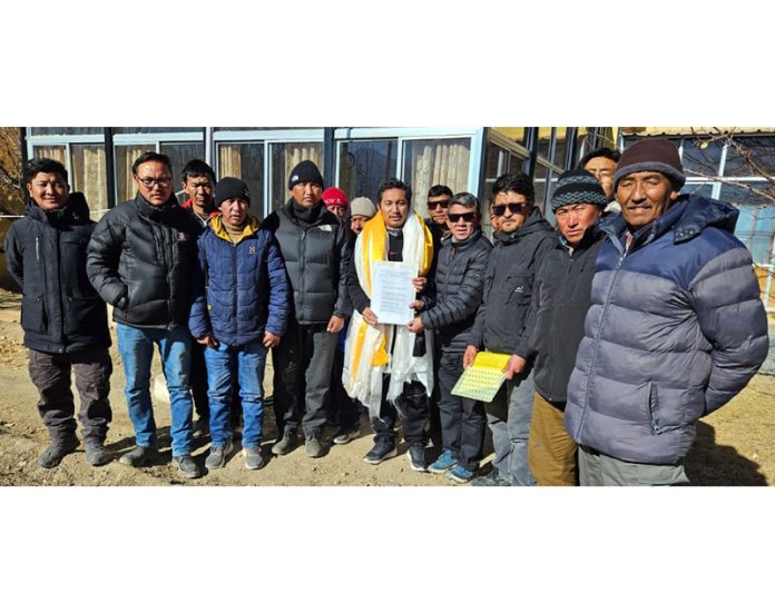 Former MP Ladakh, JT Namgyal during meeting with a delegation from Nyoma at Leh on Friday.
