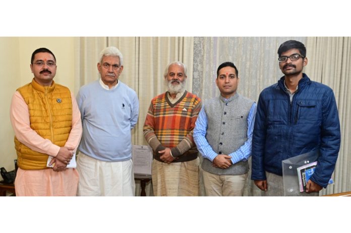 Dignitaries from Sanskrit Bharati Jammu and Kashmir during meeting with LG Manoj Sinha in Jammu on Saturday.