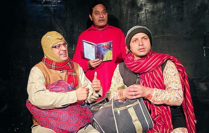 A scene from Dogri play ‘Chetta’ being staged by Natrang at Jammu on Sunday.