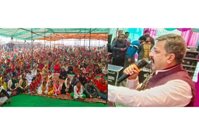 Zorawar Singh Jamwal addressing a public gathering in Jammu on Monday.