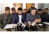 EJAC president, Wajahat Hussain along with other members during a press conference in Srinagar. -Excelsior/Shakeel