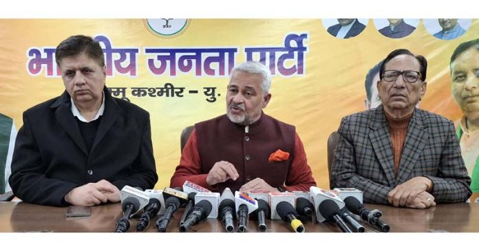 BJP leaders at a press conference in Jammu on Saturday.