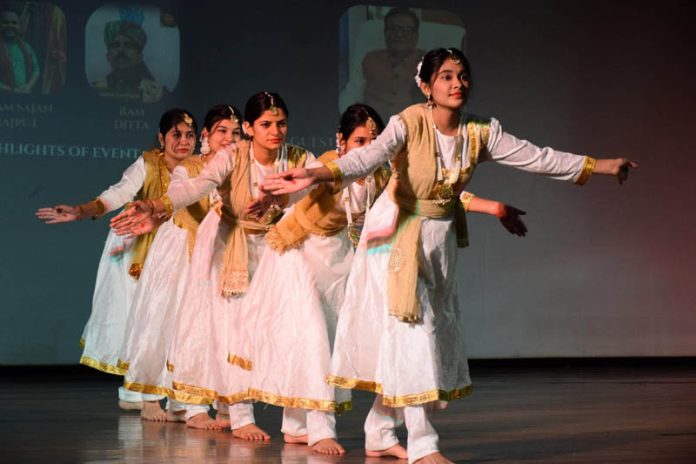 Girls presenting a folk dance performance during a function held at SMVDU in Katra on Monday.