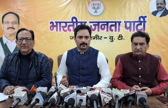 BJP leaders during a press conference in Jammu on Saturday. -Excelsior /Rakesh