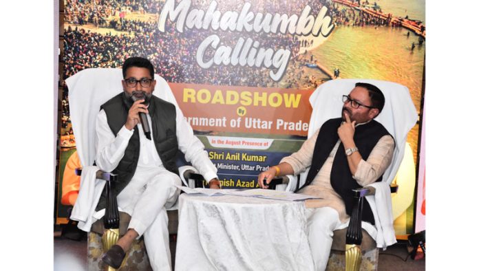 UP Ministers talking to media persons in Jammu on Thursday.