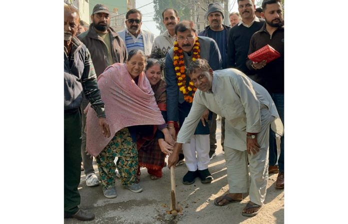 MLA Jammu West, Arvind Gupta kick starting construction of lanes and drains in Ward 24 and 25 on Saturday.