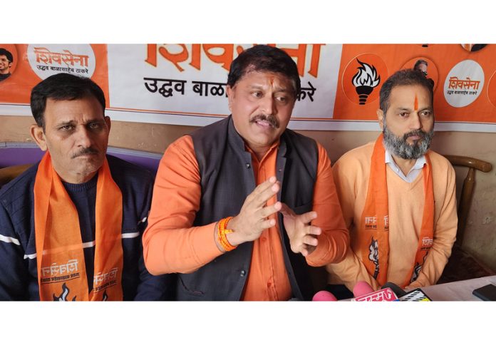 Manish Sahni, president Shiv Sena J&K addressing a press conference at Jammu on Wednesday. -Excelsior/Rakesh